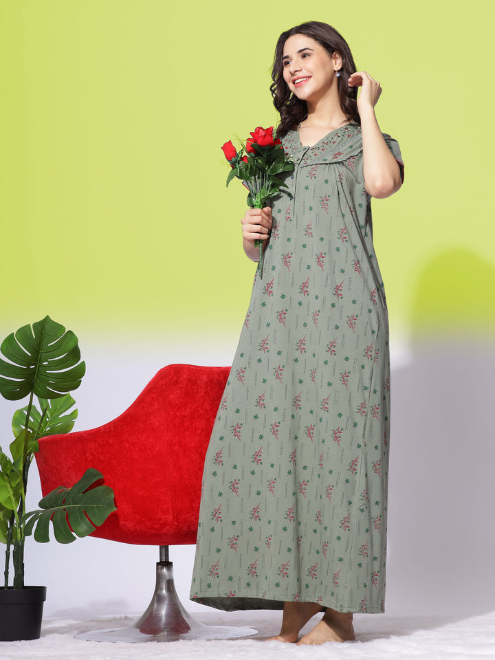 Olive Green Cotton Blend Maxi Nightdress with Front Buttons and Pocket