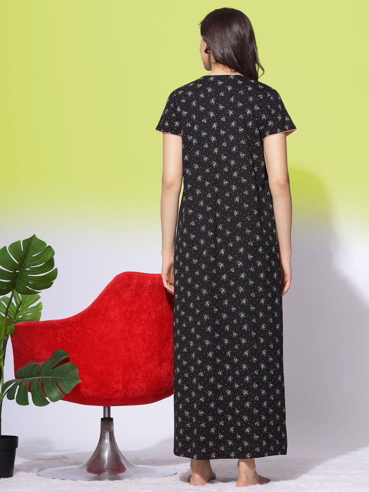 Black Cotton Blend Maxi Nightdress with Floral Print and Handy Pocket