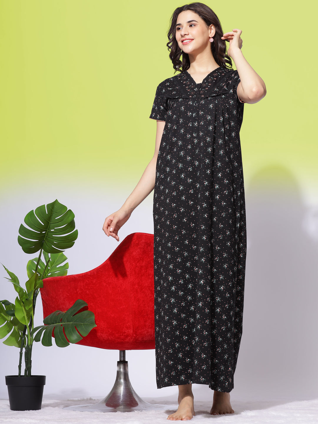 Black Cotton Blend Maxi Nightdress with Floral Print and Handy Pocket