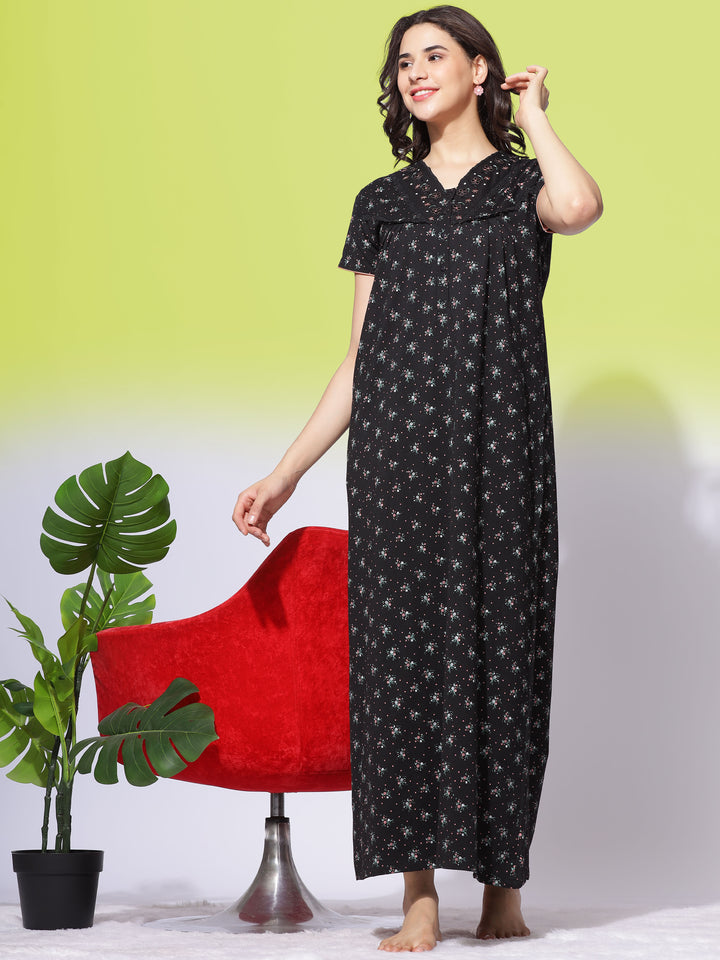 Black Cotton Blend Maxi Nightdress with Floral Print and Handy Pocket