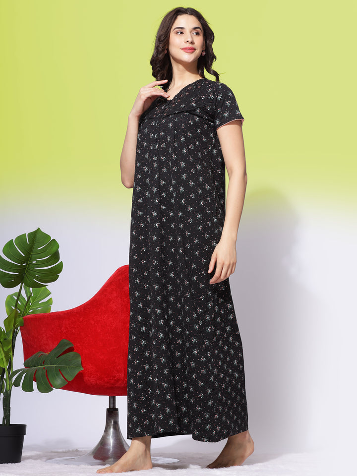 Black Cotton Blend Maxi Nightdress with Floral Print and Handy Pocket