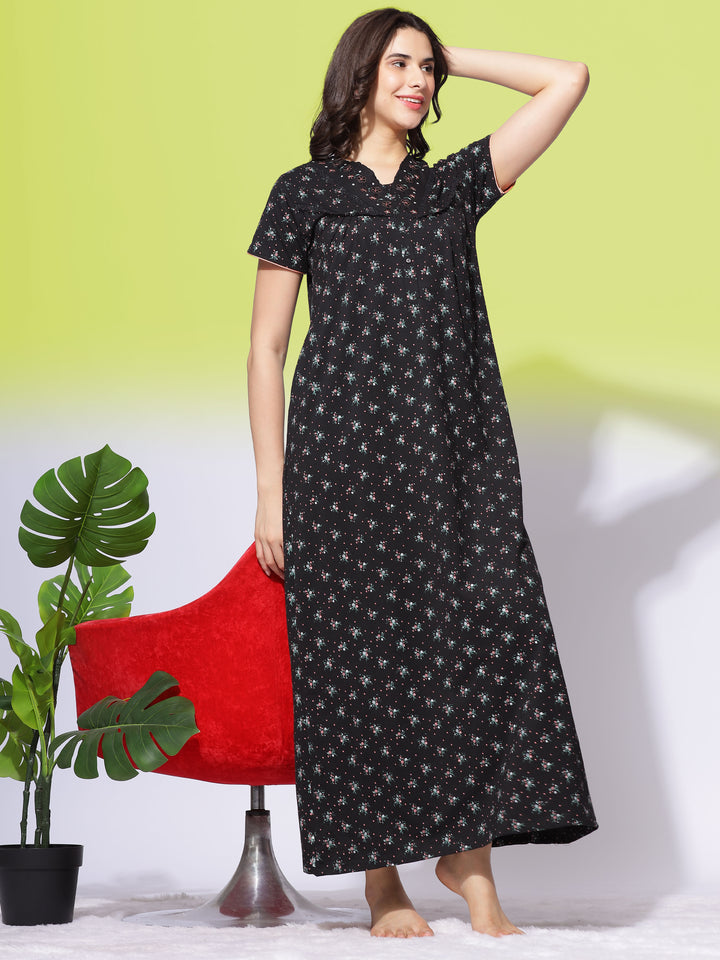 Black Cotton Blend Maxi Nightdress with Floral Print and Handy Pocket