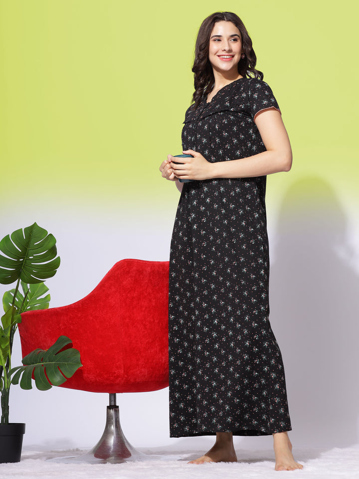 Black Cotton Blend Maxi Nightdress with Floral Print and Handy Pocket