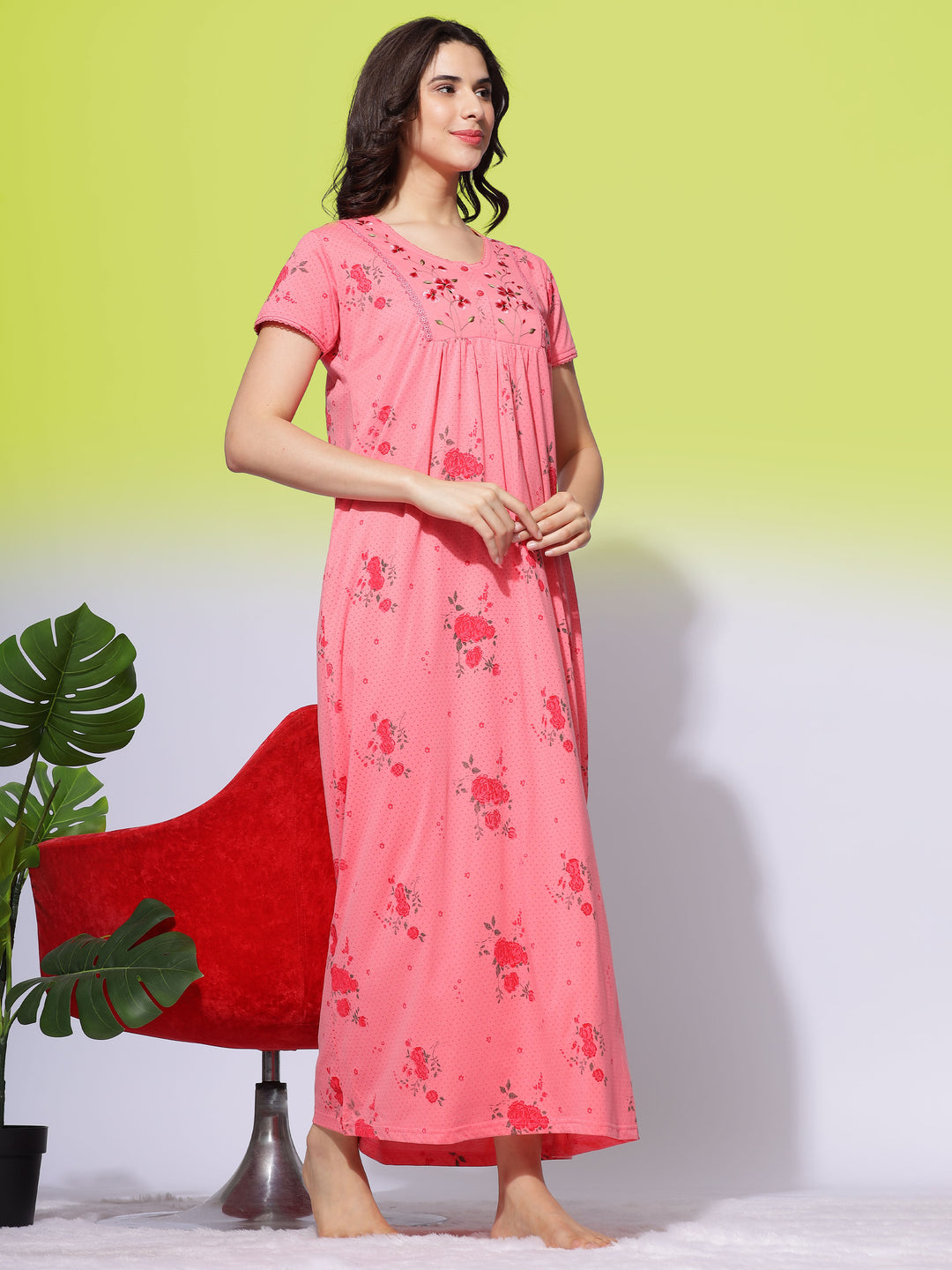 Cotton Blend Designer Rani Pink Nighty