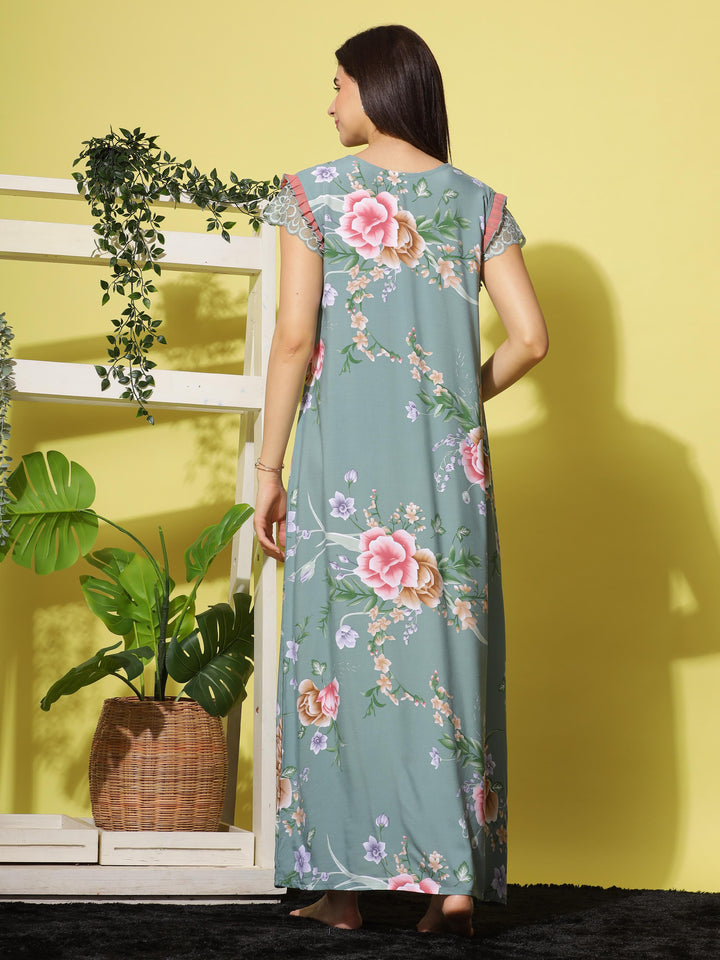 Rayon Designer Maxi Nighty Green