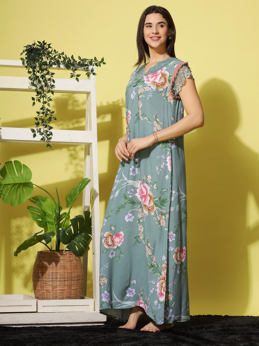 Rayon Designer Maxi Nighty Green