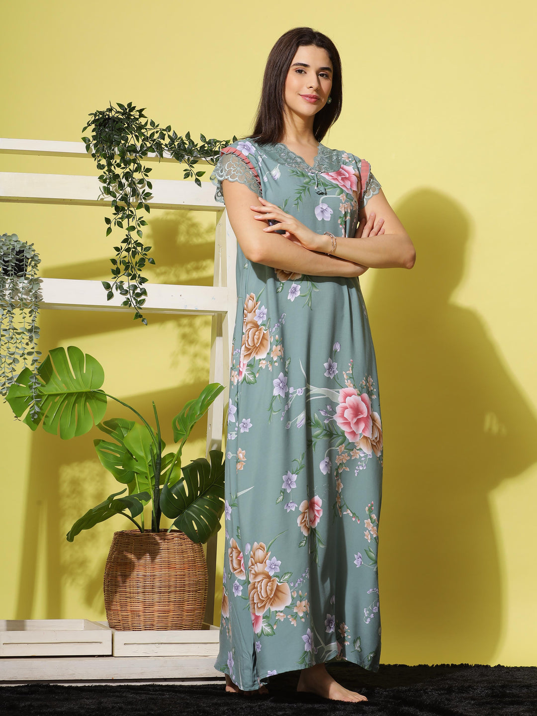 Rayon Designer Maxi Nighty Green