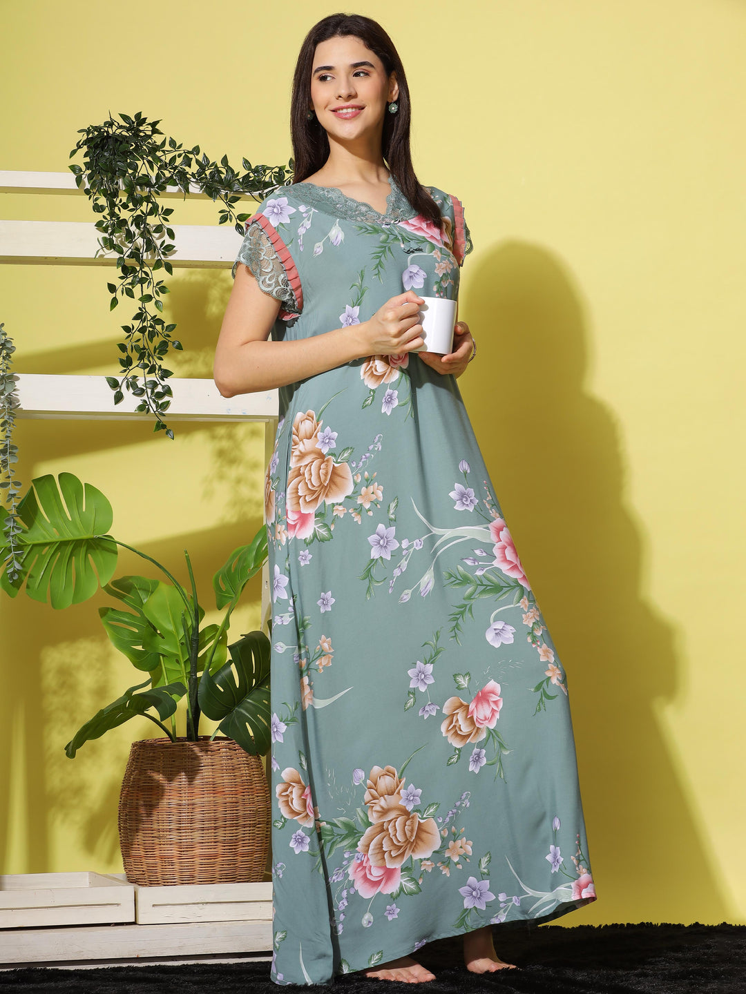 Rayon Designer Maxi Nighty Green