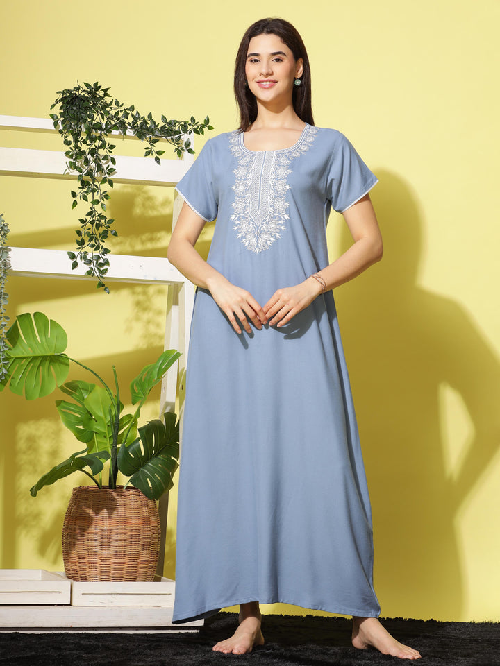 Trendy Steel Blue Designer Nighty with Floral Embroidery