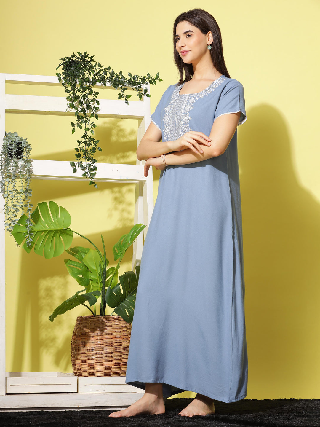 Trendy Steel Blue Designer Nighty with Floral Embroidery