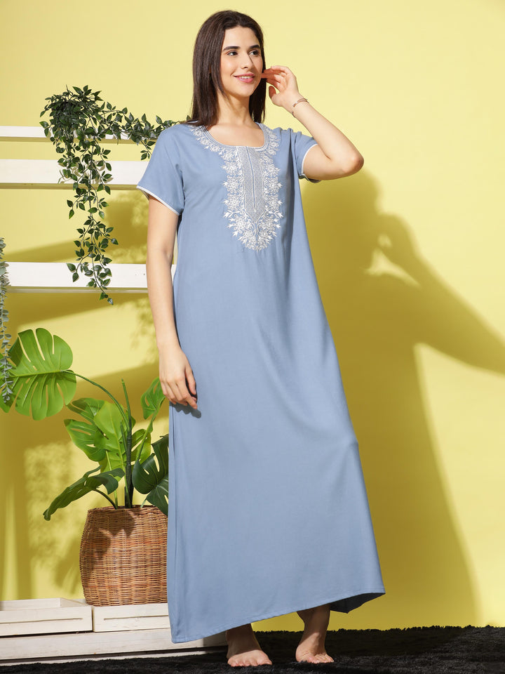 Trendy Steel Blue Designer Nighty with Floral Embroidery