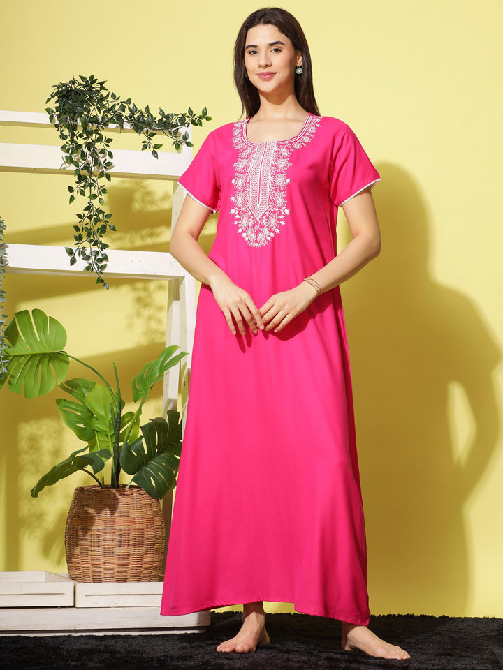 Stylish Rani Pink Designer Nightgown with Neck Embroidery