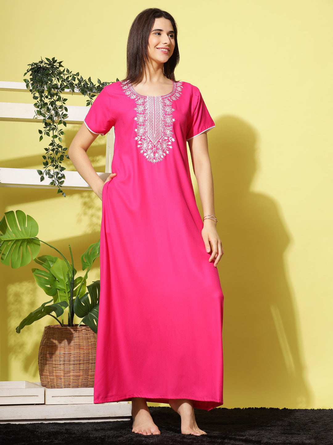 Stylish Rani Pink Designer Nightgown with Neck Embroidery
