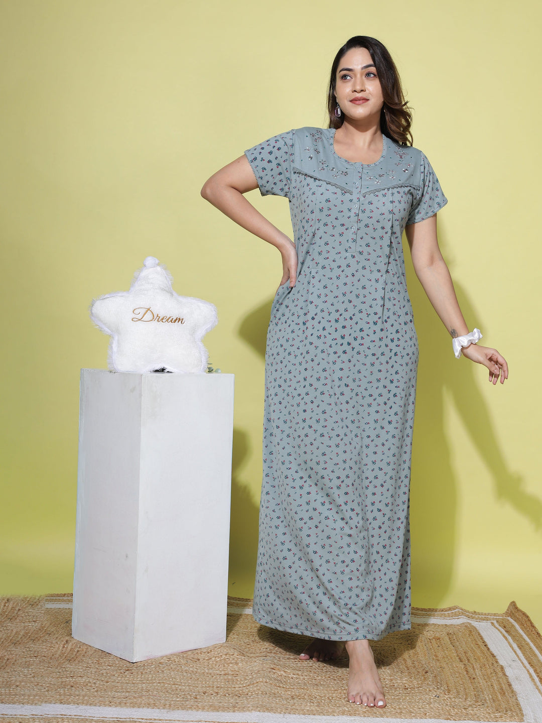  Maternity Long Nighty  Feeding Nighty - Shop Grey Cotton Blend Nighty Women Online- 9shines label 