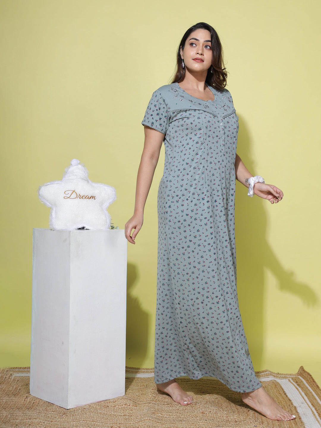  Maternity Long Nighty  Feeding Nighty - Shop Grey Cotton Blend Nighty Women Online- 9shines label 