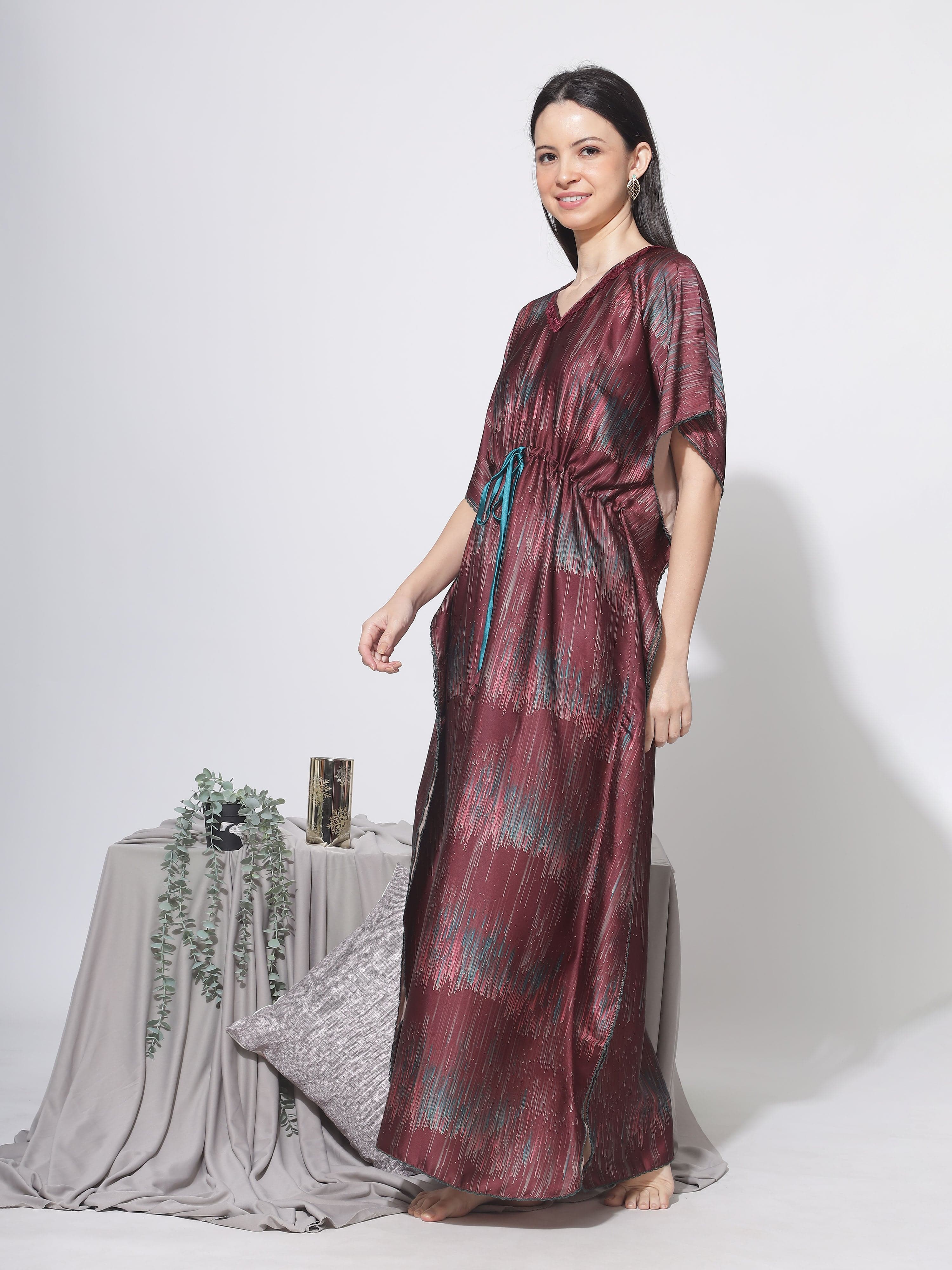 Shop Maroon Satin Kaftan Nighty Dress for Women Online India 9shines label