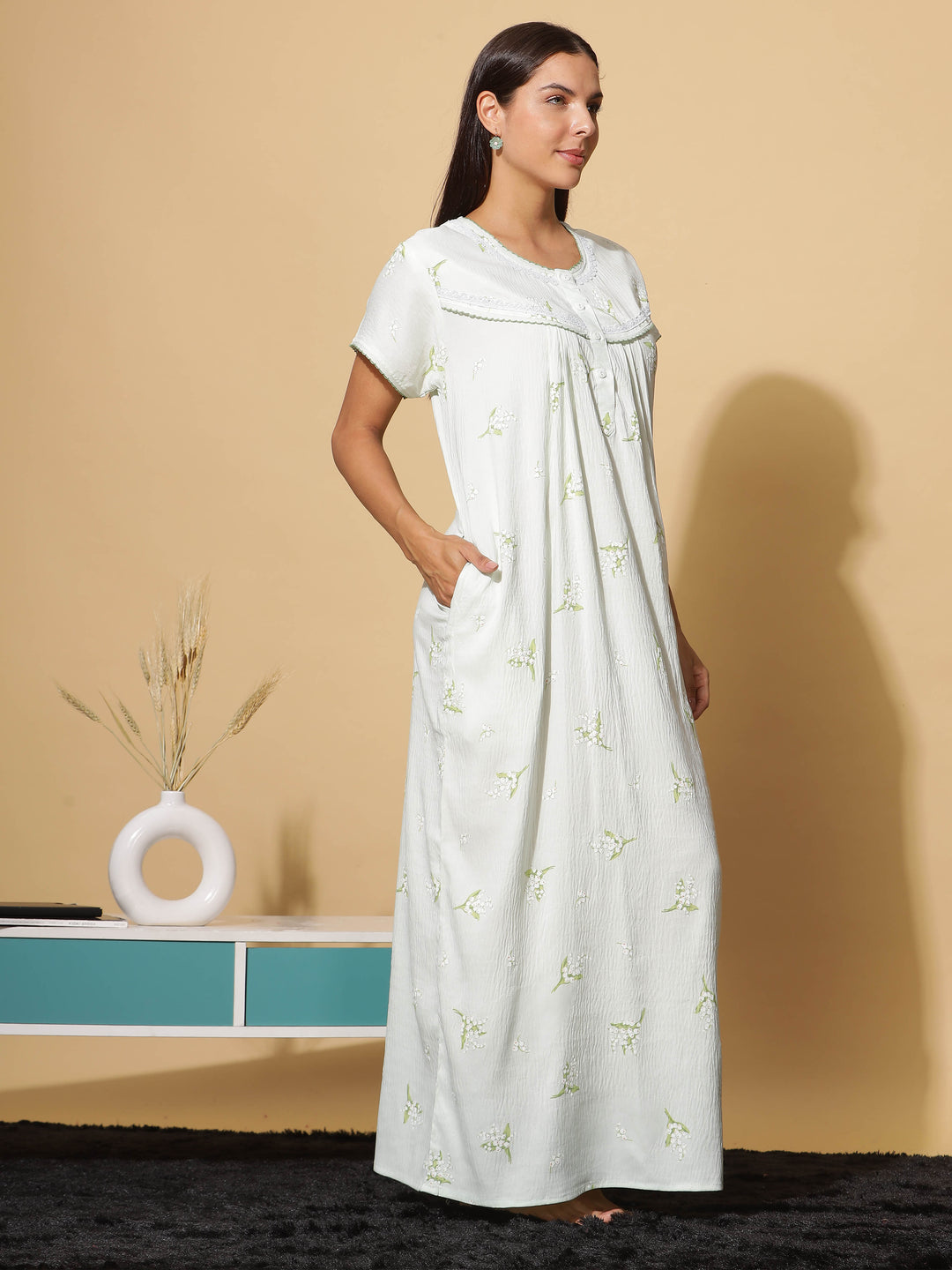  Premium Crush Cotton  Sway in Style: Mint Green Premium Crush Cotton Maxi Nightgown- 9shines label 