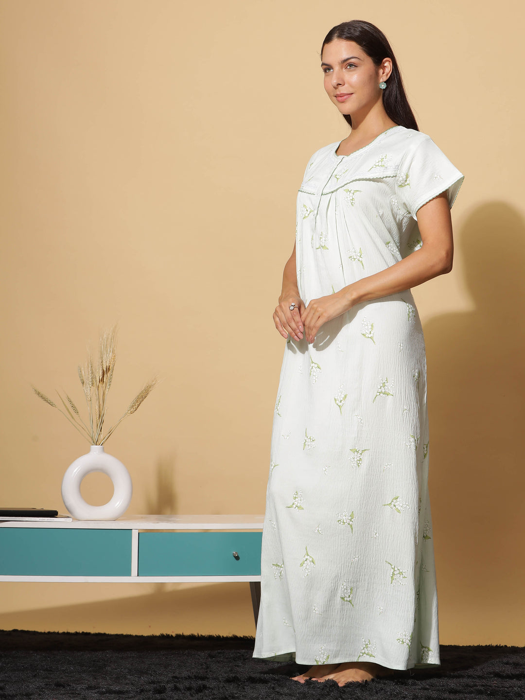  Premium Crush Cotton  Sway in Style: Mint Green Premium Crush Cotton Maxi Nightgown- 9shines label 