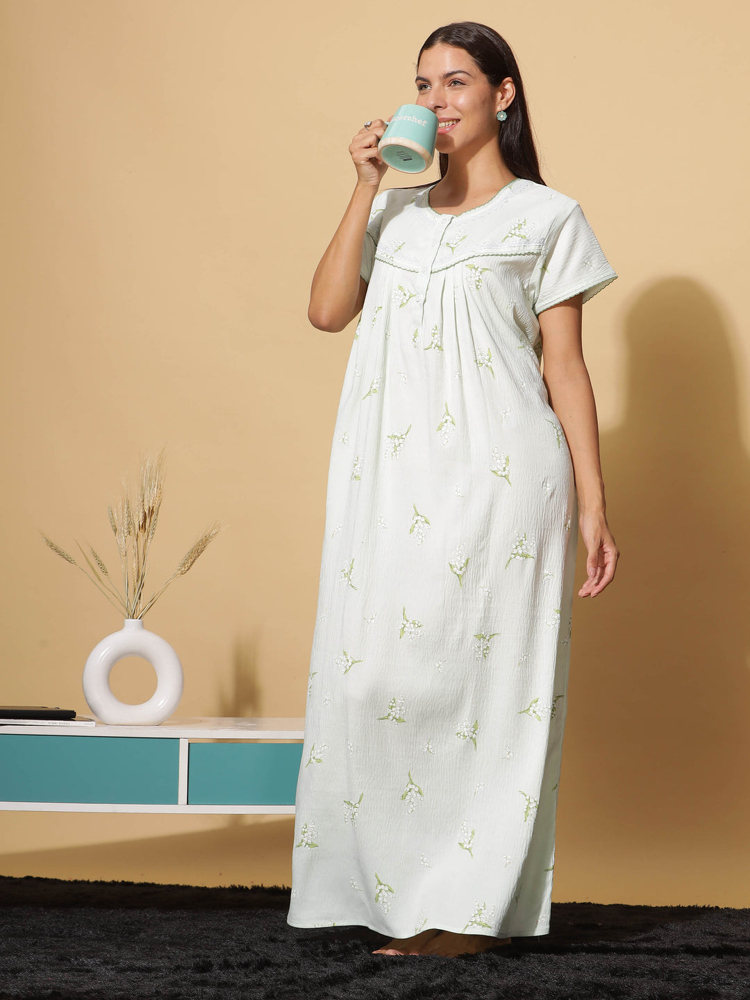  Premium Crush Cotton  Sway in Style: Mint Green Premium Crush Cotton Maxi Nightgown- 9shines label 