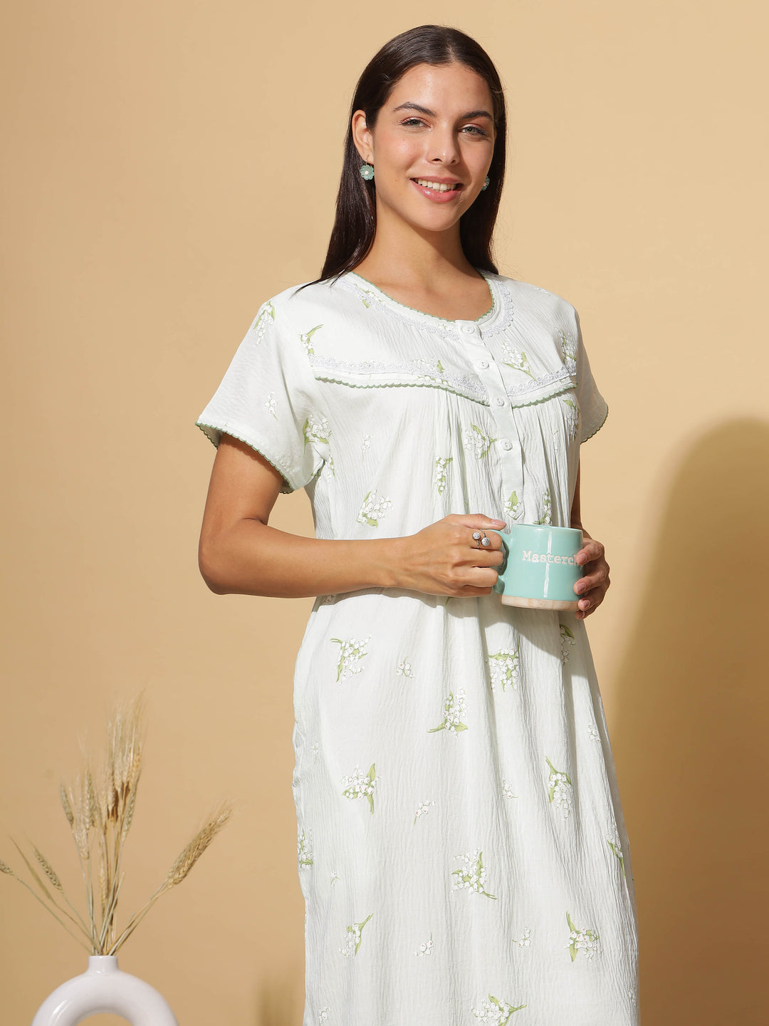  Premium Crush Cotton  Sway in Style: Mint Green Premium Crush Cotton Maxi Nightgown- 9shines label 