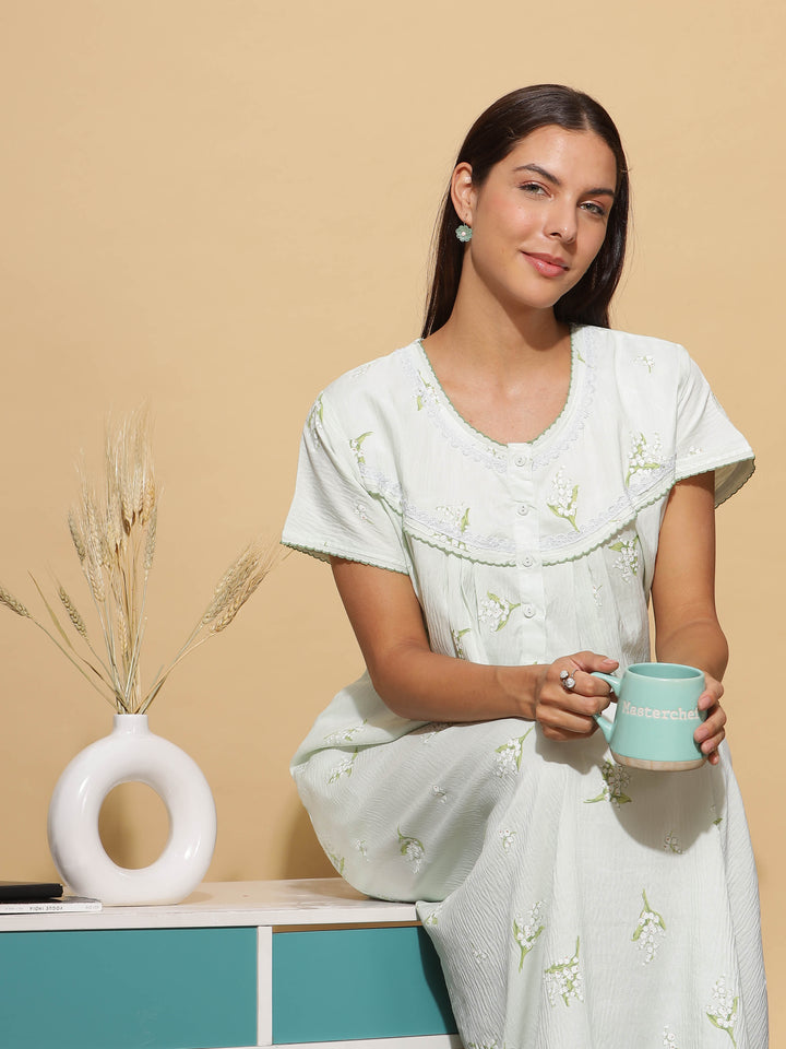  Premium Crush Cotton  Sway in Style: Mint Green Premium Crush Cotton Maxi Nightgown- 9shines label 