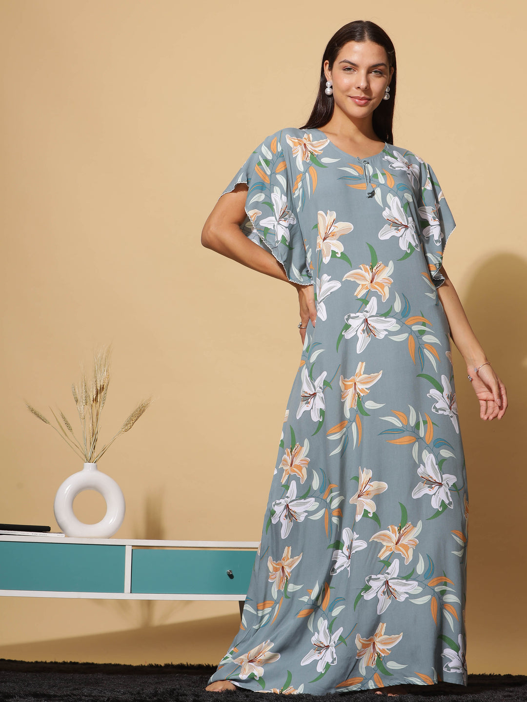  Rayon Designer Nighty  Green Grey Rayon Designer Maxi Nighty - Elegant & Breathable Nightwear- 9shines label 