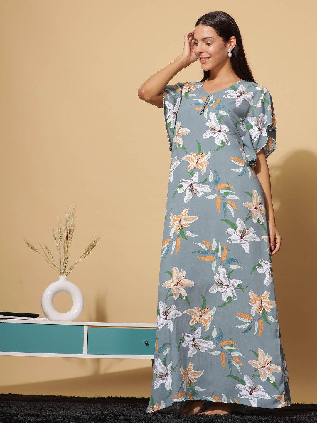  Rayon Designer Nighty  Green Grey Rayon Designer Maxi Nighty - Elegant & Breathable Nightwear- 9shines label 