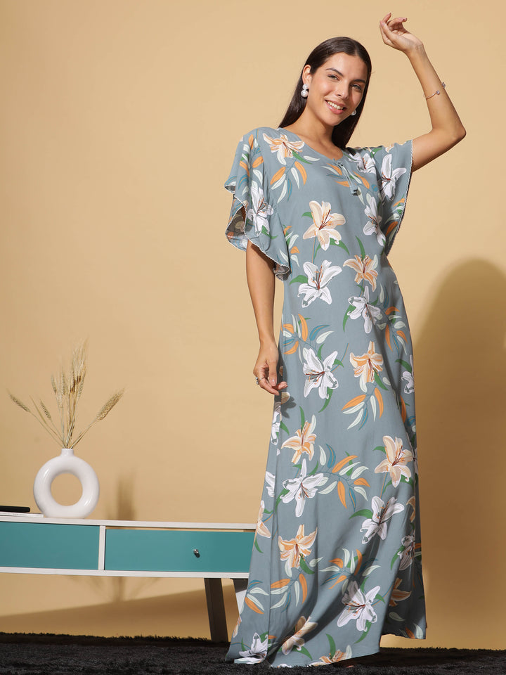  Rayon Designer Nighty  Green Grey Rayon Designer Maxi Nighty - Elegant & Breathable Nightwear- 9shines label 