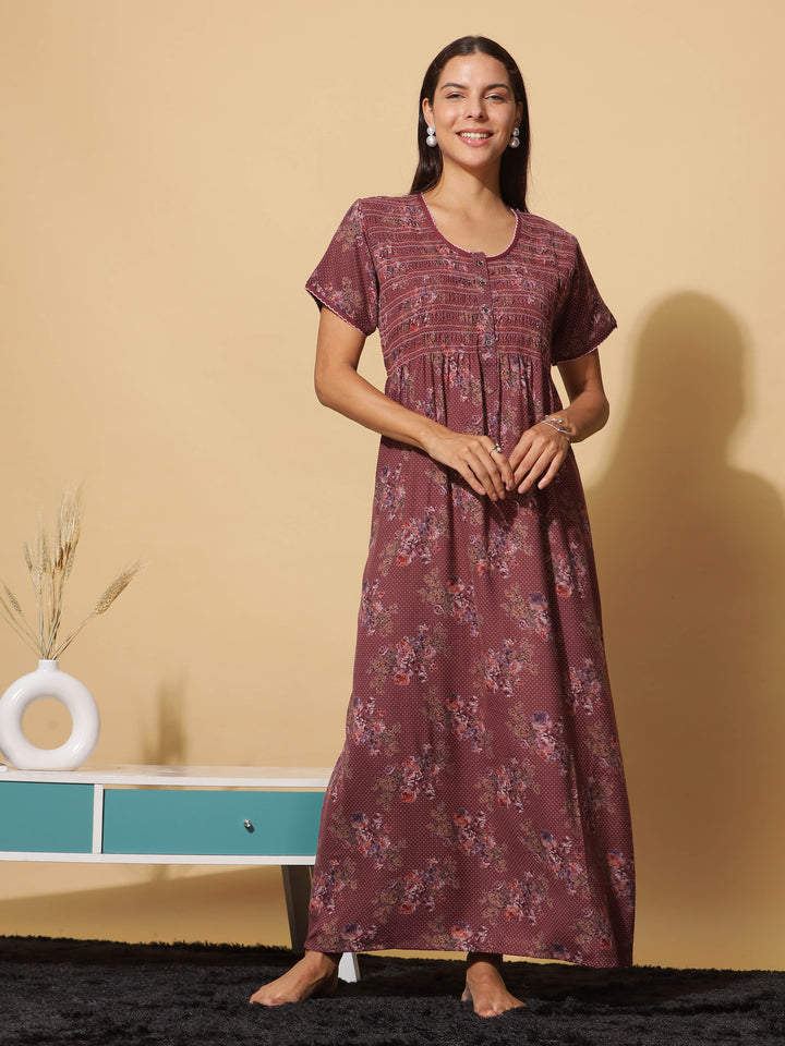  Alpine Nighty  Luxurious Red Wine Alpine Maxi Nighty with Front Buttons & Pocket- 9shines label 