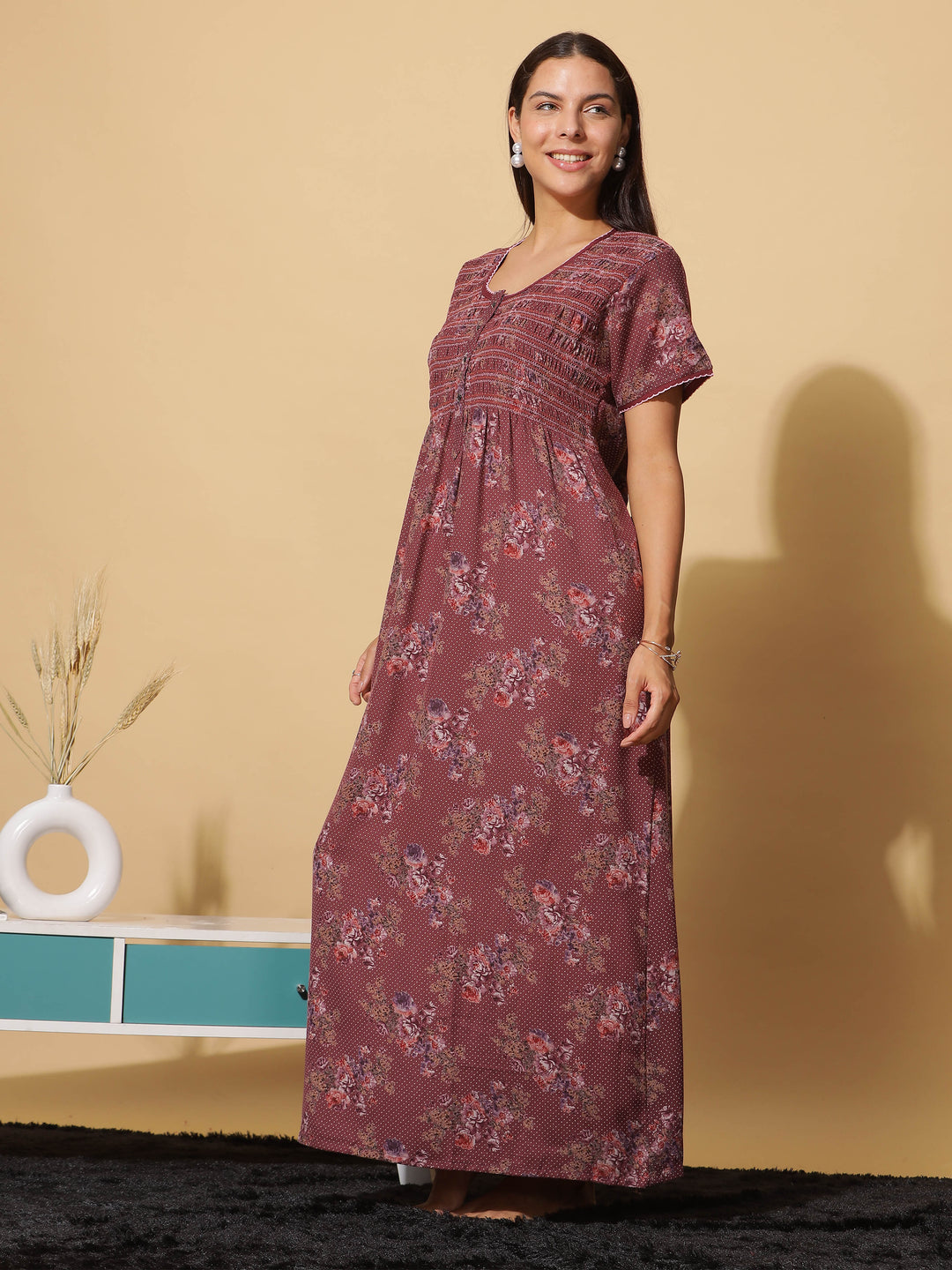  Alpine Nighty  Luxurious Red Wine Alpine Maxi Nighty with Front Buttons & Pocket- 9shines label 