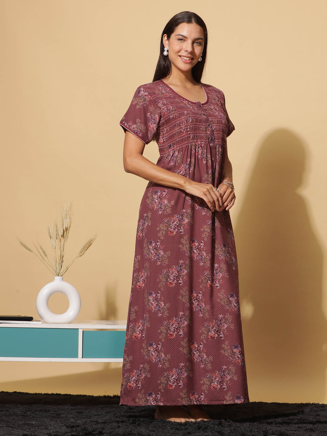  Alpine Nighty  Luxurious Red Wine Alpine Maxi Nighty with Front Buttons & Pocket- 9shines label 