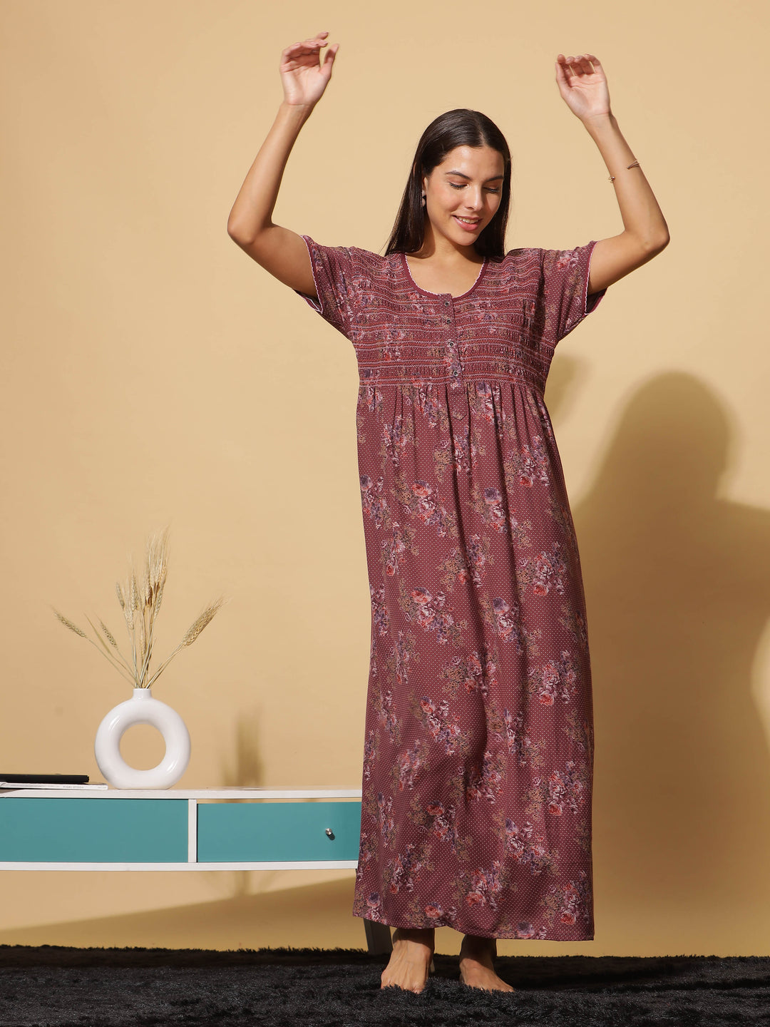  Alpine Nighty  Luxurious Red Wine Alpine Maxi Nighty with Front Buttons & Pocket- 9shines label 