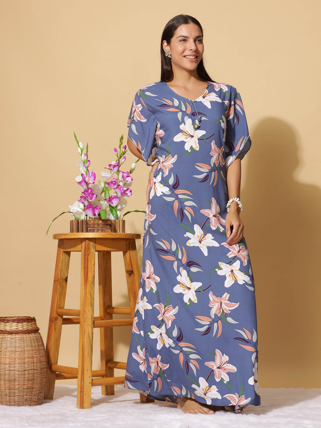 Denim Blue Rayon Designer Maxi Nighty