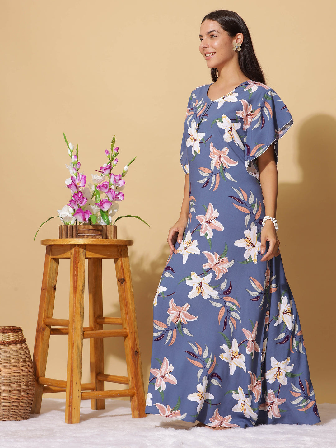 Denim Blue Rayon Designer Maxi Nighty