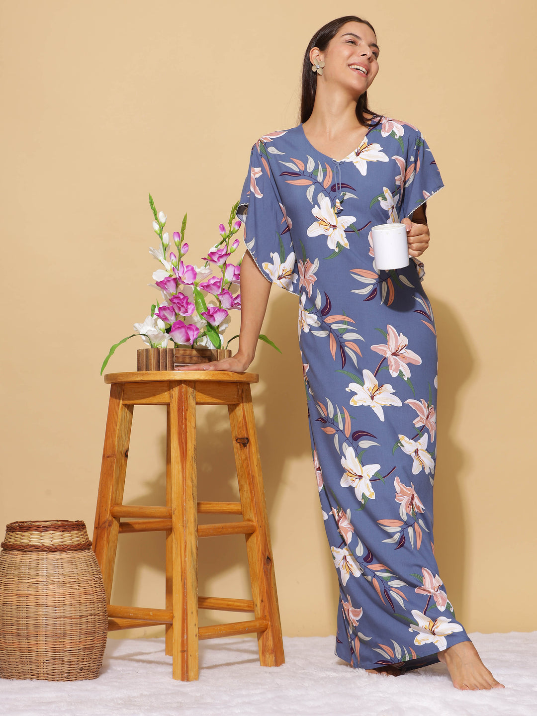 Denim Blue Rayon Designer Maxi Nighty