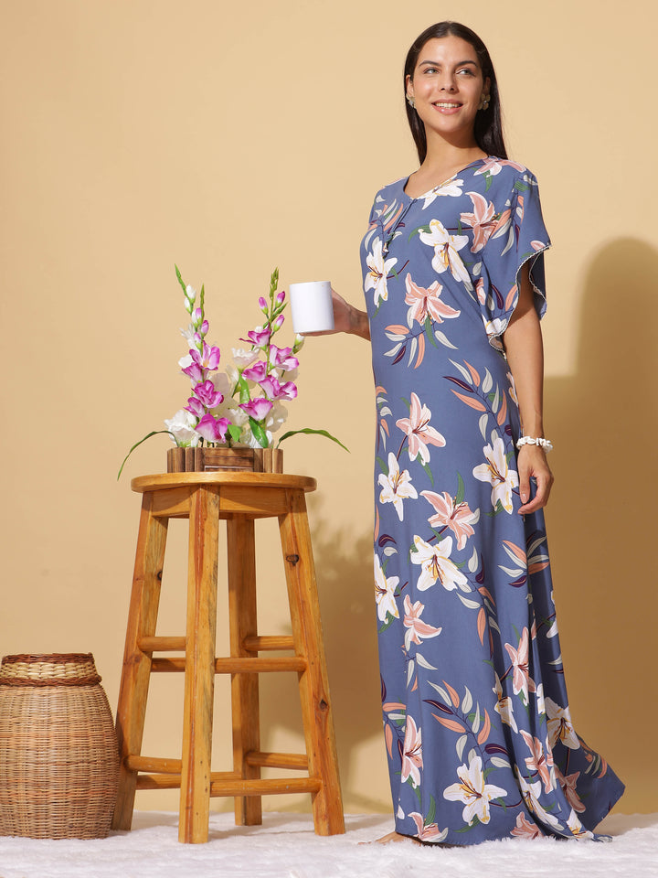 Denim Blue Rayon Designer Maxi Nighty