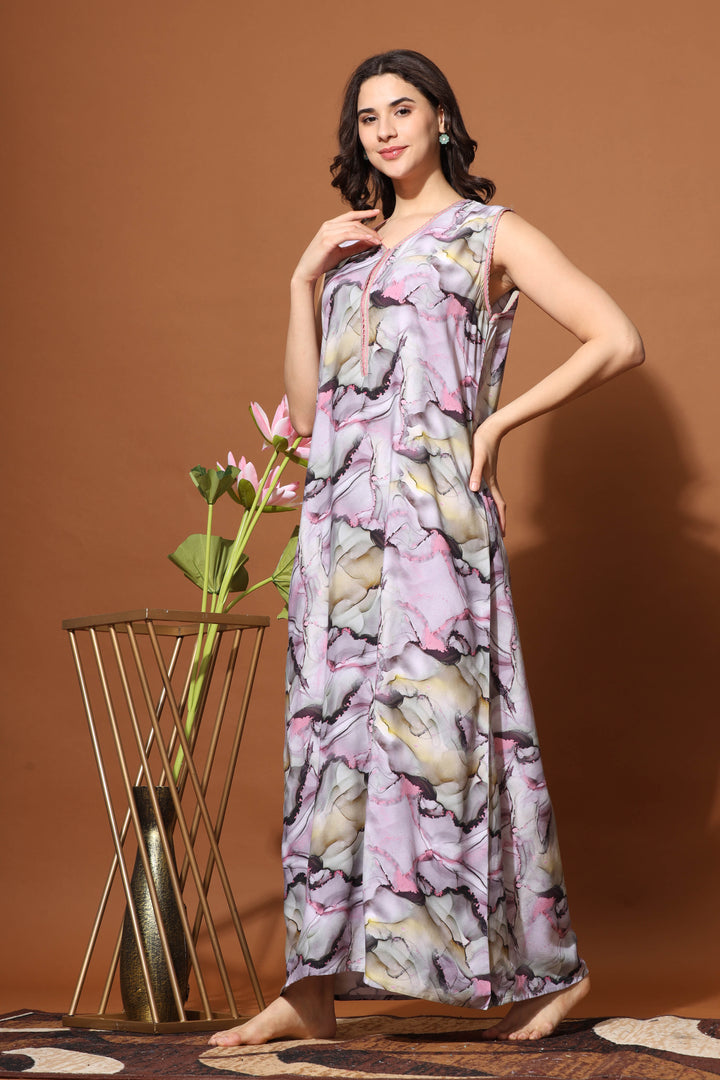 Sleeveless Rayon Durable Maxi Lavender Designer Nighty