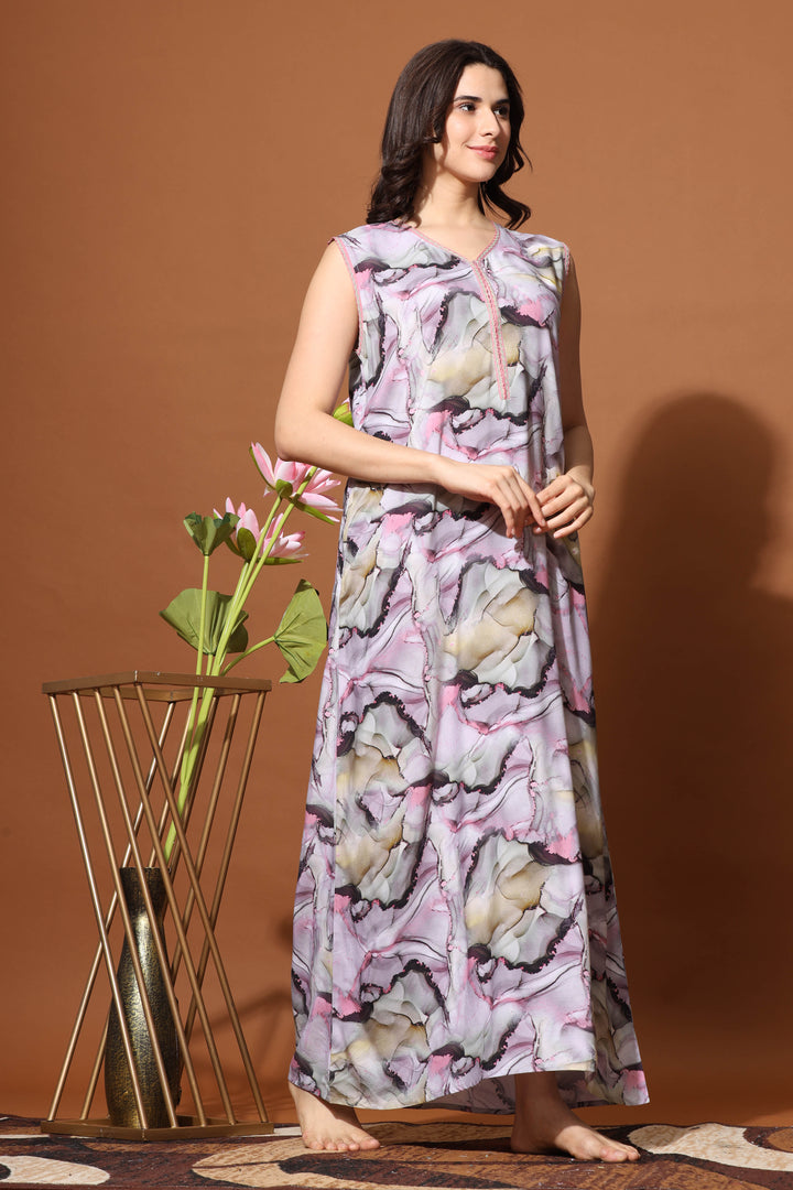 Sleeveless Rayon Durable Maxi Lavender Designer Nighty