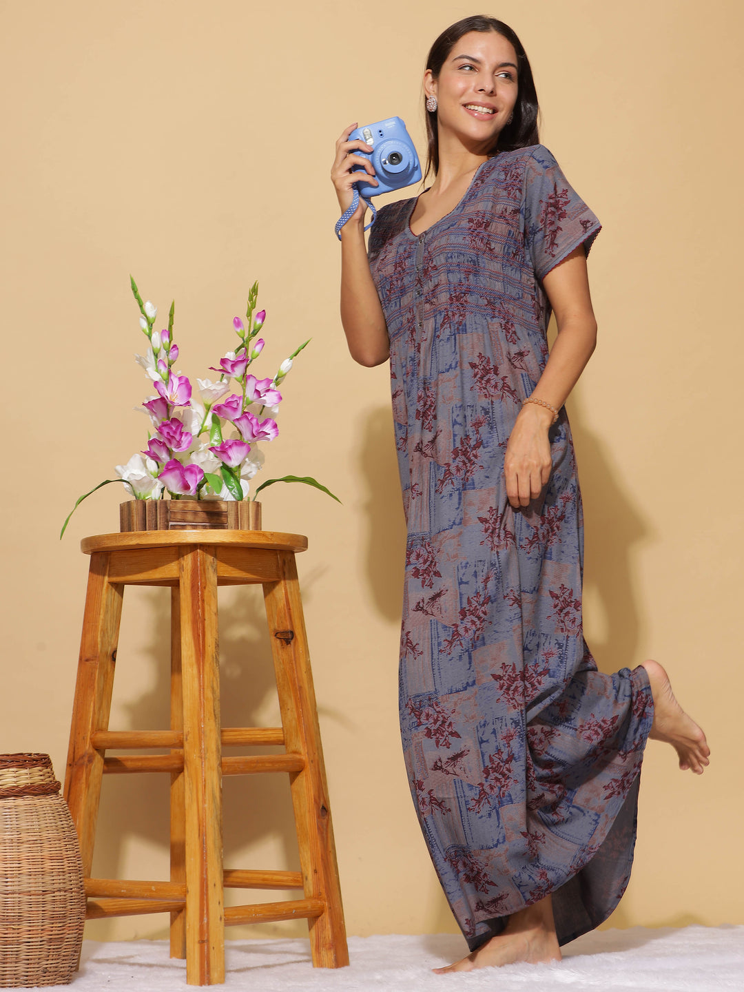 Stylish Pale Blue Alpine Maxi Nighty with Front Buttons & Pocket