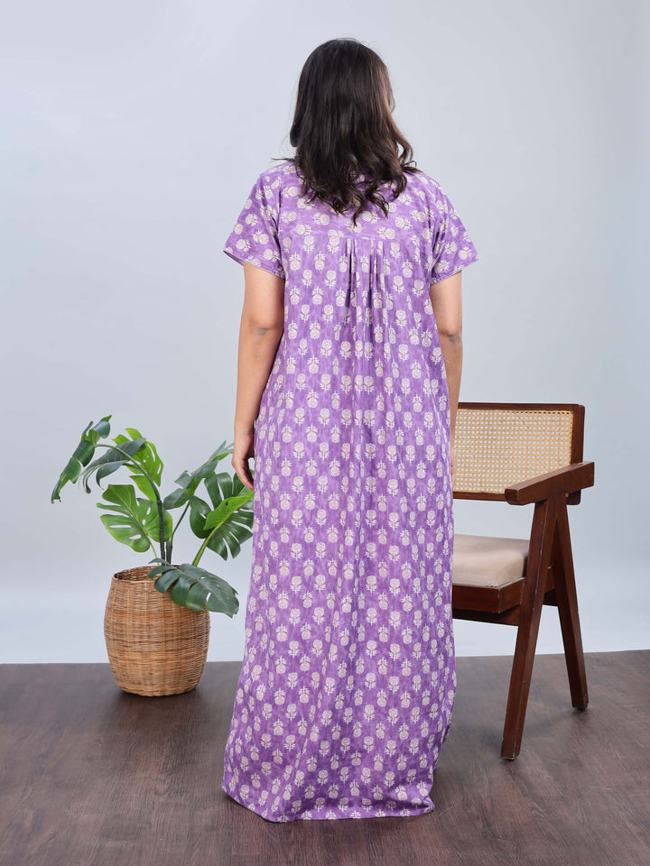 Purple Cotton Floral Nighty with Elegant Embroidery for Women