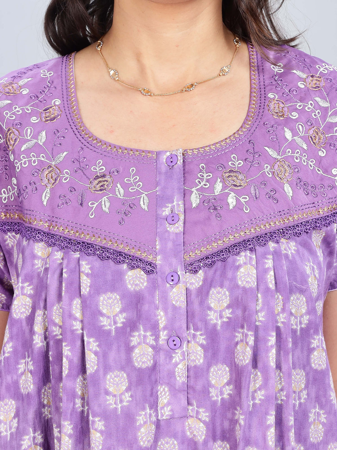 Purple Cotton Floral Nighty with Elegant Embroidery for Women