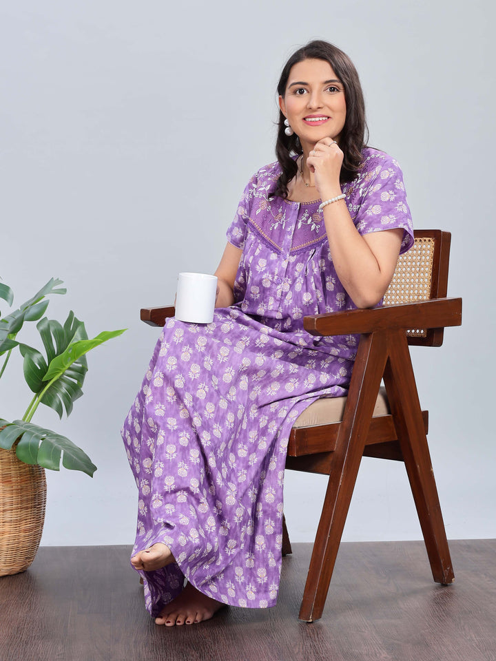 Purple Cotton Floral Nighty with Elegant Embroidery for Women