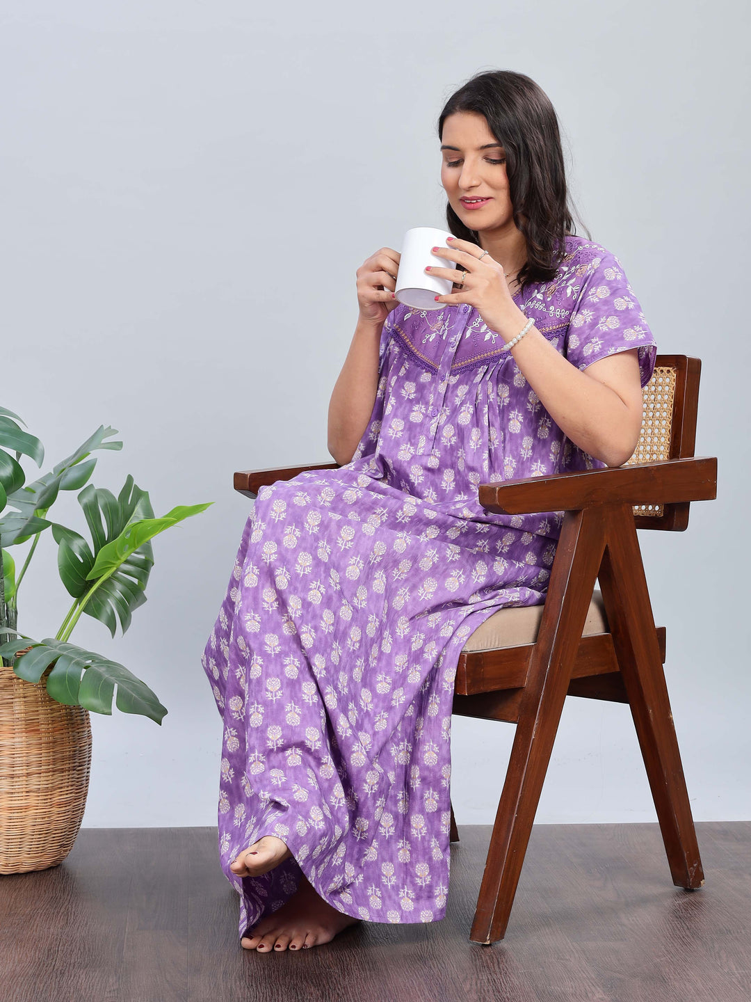 Purple Cotton Floral Nighty with Elegant Embroidery for Women