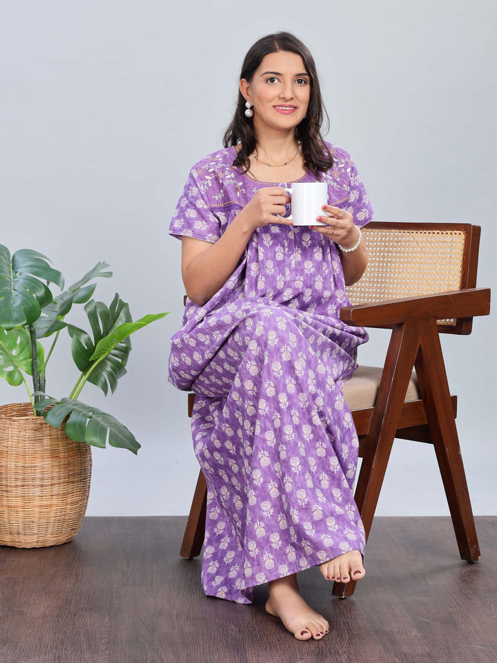 Purple Cotton Floral Nighty with Elegant Embroidery for Women