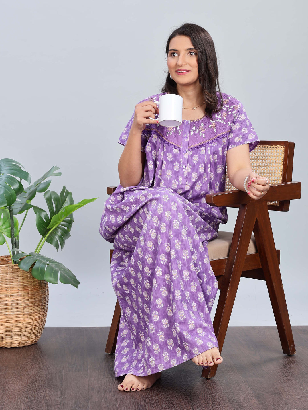 Purple Cotton Floral Nighty with Elegant Embroidery for Women