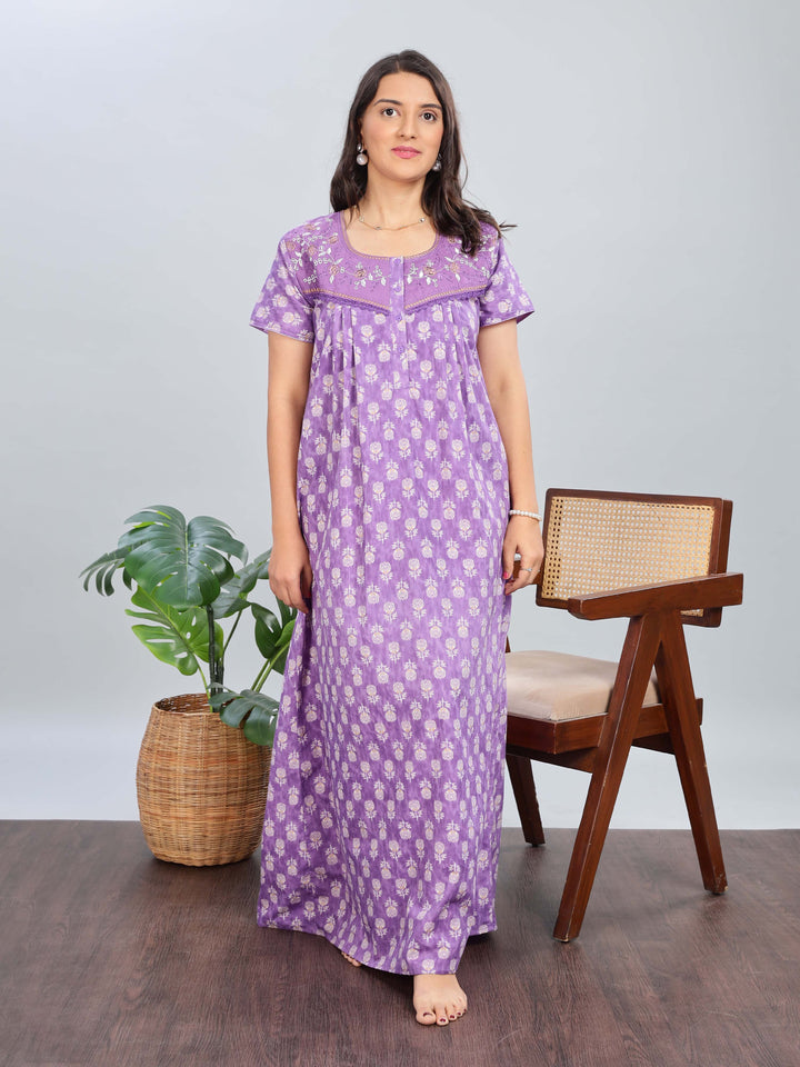 Purple Cotton Floral Nighty with Elegant Embroidery for Women