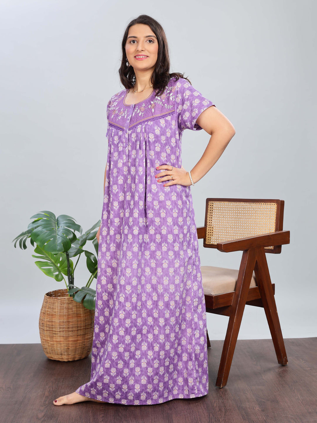 Purple Cotton Floral Nighty with Elegant Embroidery for Women