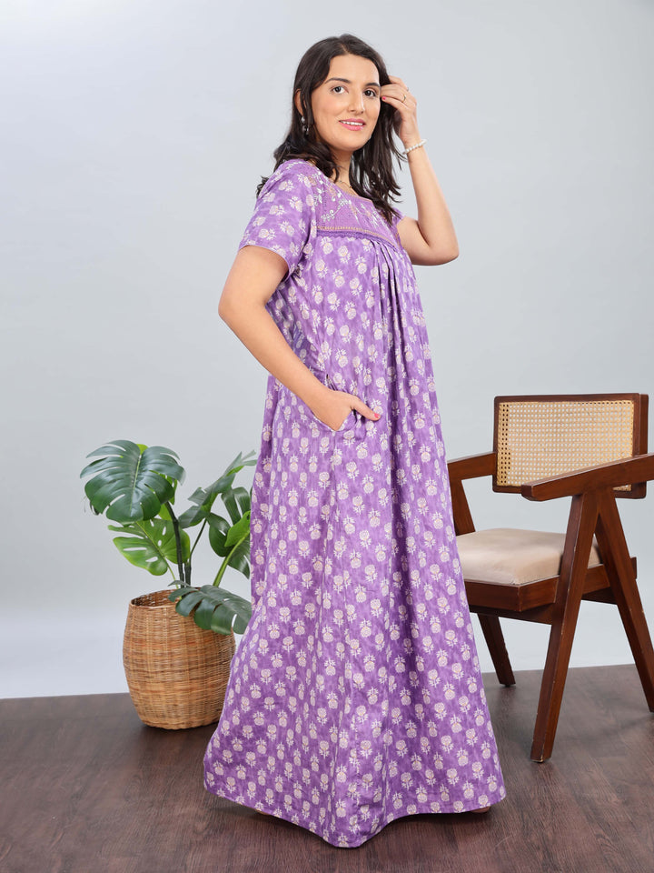 Purple Cotton Floral Nighty with Elegant Embroidery for Women