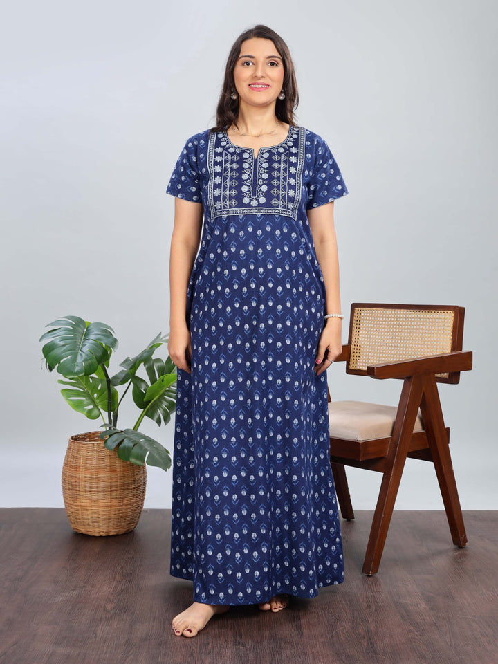 Electric Blue Pure Cotton Nighty with Embroidery for Women