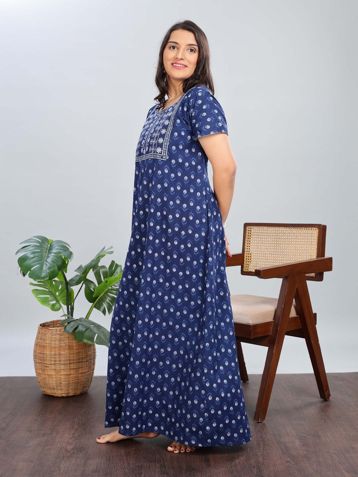 Electric Blue Pure Cotton Nighty with Embroidery for Women